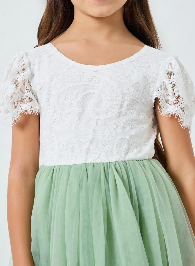 Take Two  Girls Green Lace Puff Sleeve Tulle Maxi Dress for Women | Best Price UAE